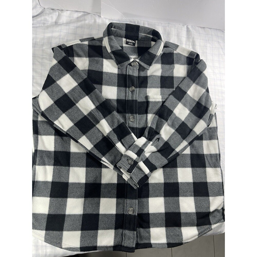Eddie Bauer Women’s XL Fleece Shirt Jacket Shacket Buffalo Plaid Black White